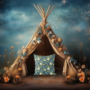 Cream and Blue Floral Art Nouveau  Cushion