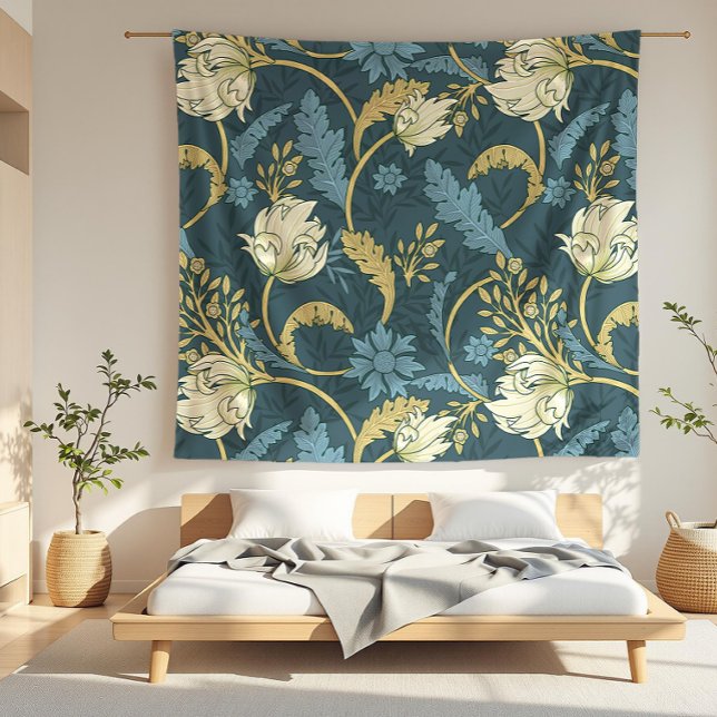 Cream and Blue Floral Art Nouveau  Fleece Blanket (detail)