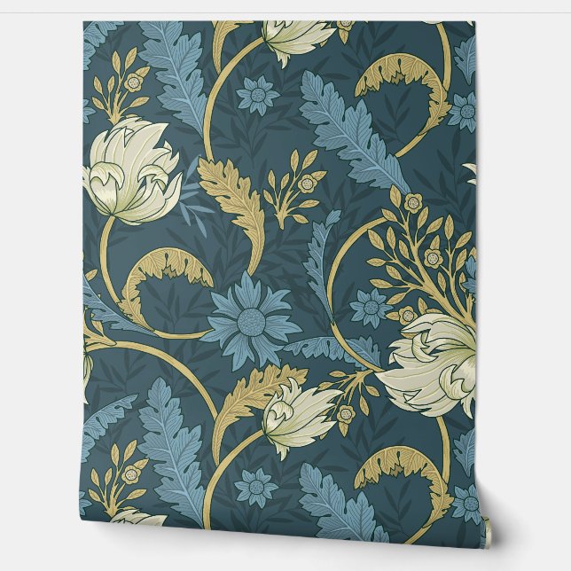 Cream and Blue Floral Art Nouveau  Wallpaper (Unrolling)
