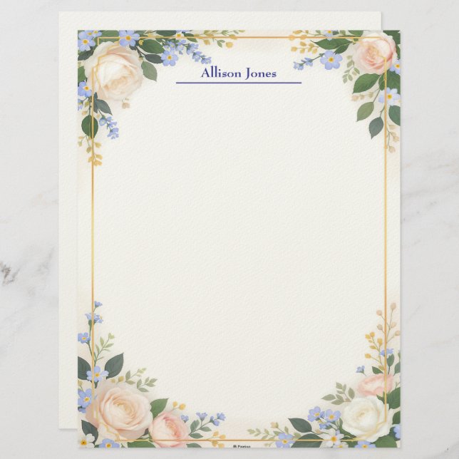 Cream and Blue Floral with Gold Frame Stationery Custom Letterhead (Front/Back)