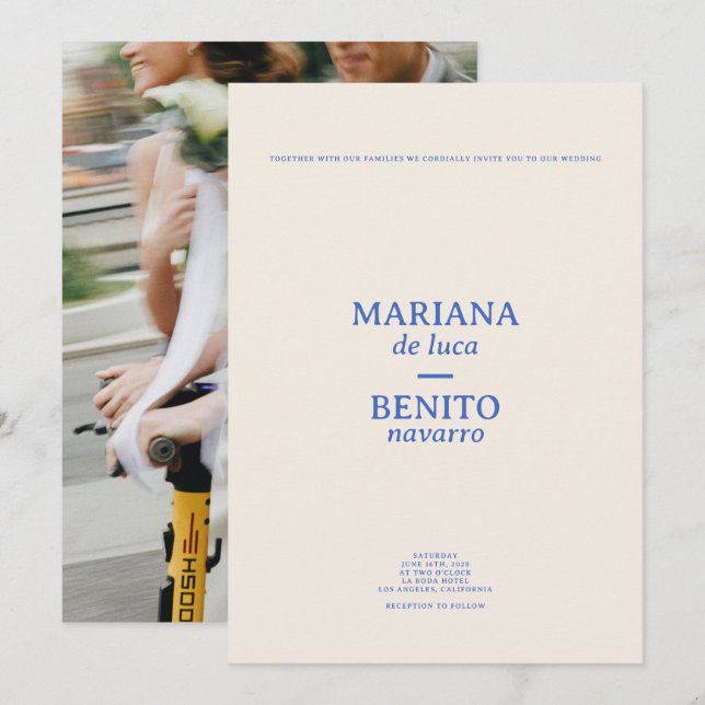 Cream and Blue Modern Minimalist Photo Wedding Invitation (Front/Back)