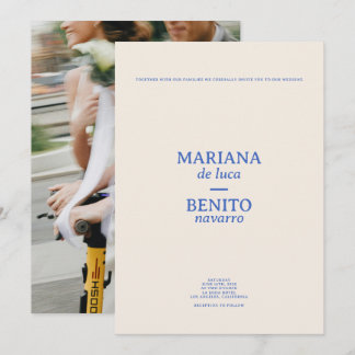 Cream and Blue Modern Minimalist Photo Wedding Invitation