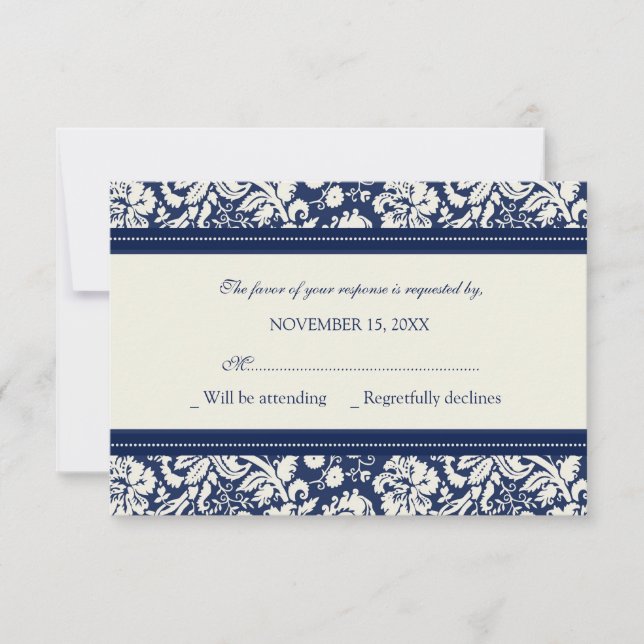 Cream and Blue Pattern RSVP Wedding Card (Front)