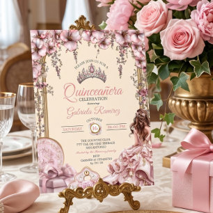 Cream and Blush Pink Tiara Floral Quinceañera Invitation