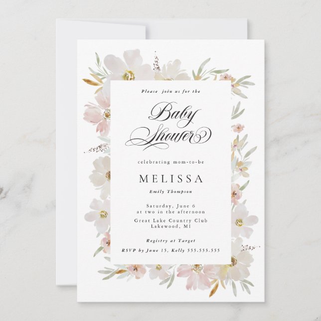 Cream and Blush Watercolor Flowers Bridal Shower (Front)