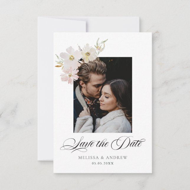 Cream and Blush Watercolor Flowers Save the Date (Front)
