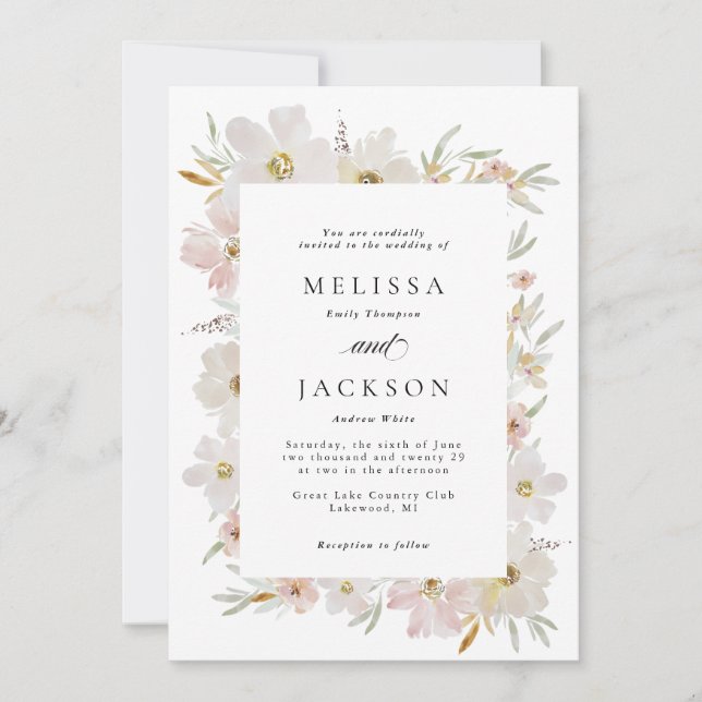 Cream and Blush Watercolor Flowers Wedding Invitation (Front)
