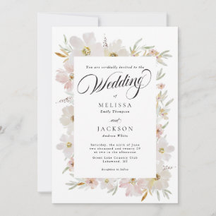 Cream and Blush Watercolor Flowers Wedding Invitation