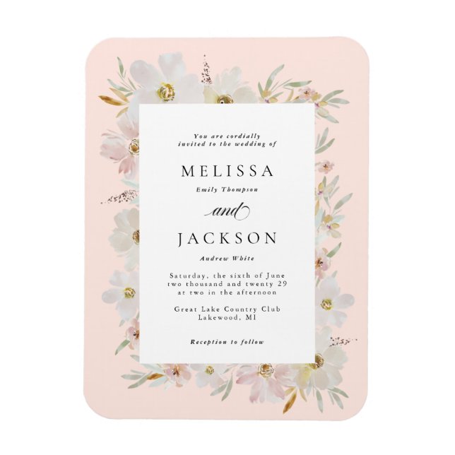 Cream and Blush Watercolor Flowers Wedding Magnet (Vertical)