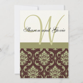Cream and Brown Damask Monogram Wedding Invitation