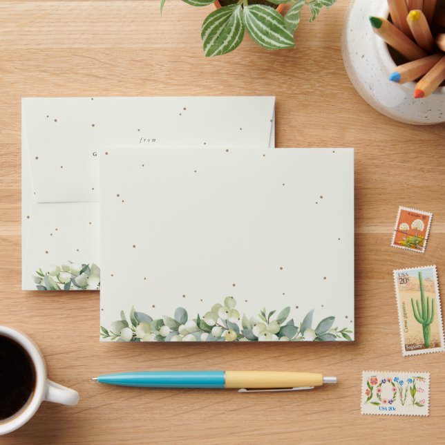Cream and Brown Snowberry+Eucalyptus Wedding A2 Envelope (Desk)