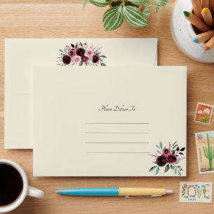Cream and Burgundy Elegant Floral Wedding Envelope