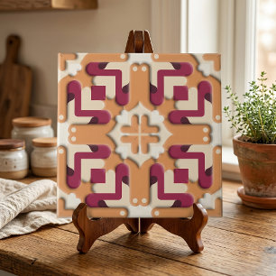 Cream and Burgundy Red Symmetrical Geometric Tile