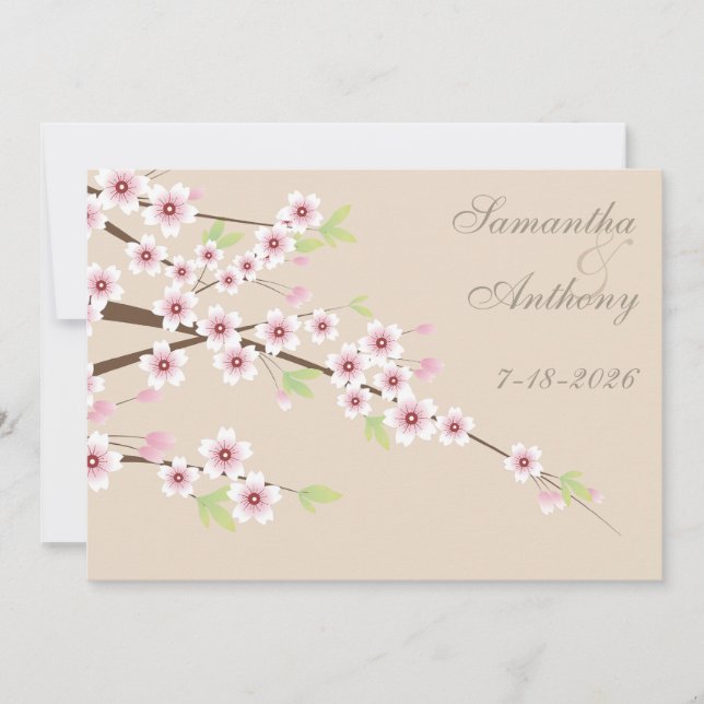Cream and Cherry Blossom Wedding Invitation (Front)
