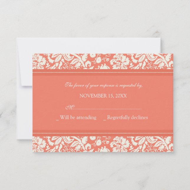 Cream and Coral Damask RSVP Wedding Card (Front)