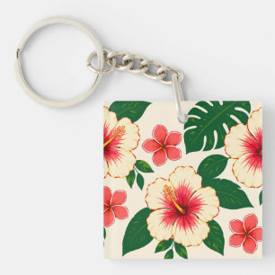 Cream and Coral Pink Flowers with Green Leaves Key Ring