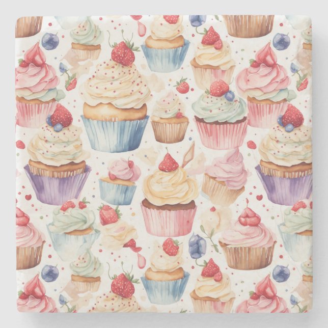 Cream and Cupcake Digital Patterns Stone Coaster (Front)