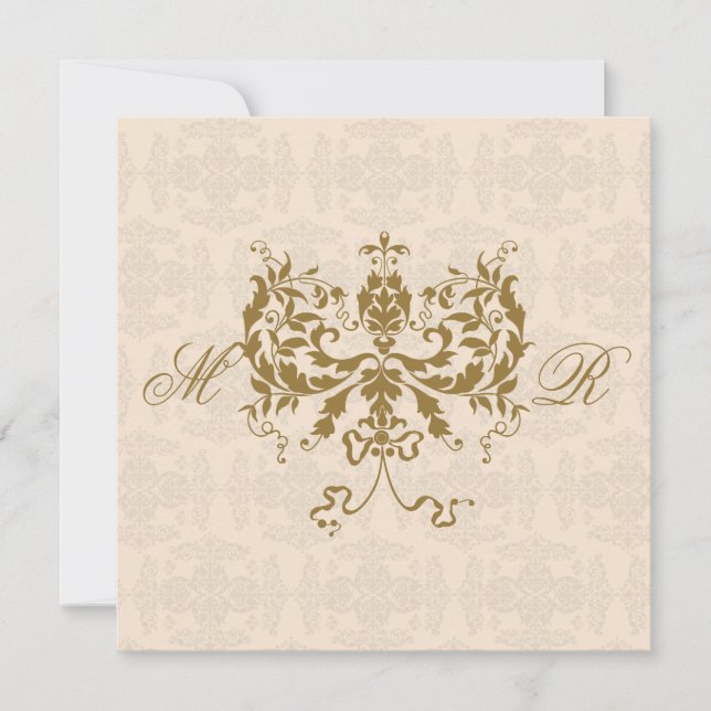 Cream and Damask Initial Square Wedding Invitation (Front)