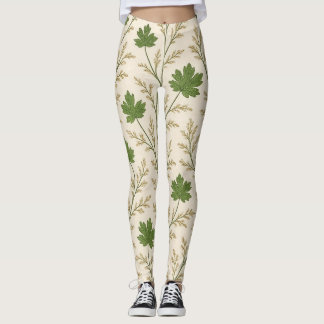 Cream and Dark Green Leaves Leggings