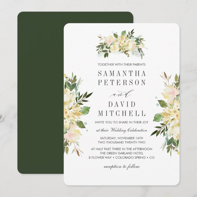 Cream and Forest Green | Botanical  Floral Wedding Invitation (Front/Back)