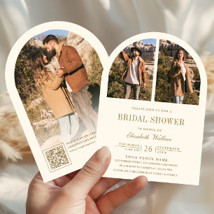 Cream and Gold Arch Photo QR Code Bridal Shower Invitation