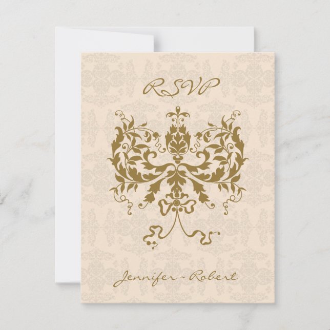Cream and Gold Damask Initial Response Card (Front)