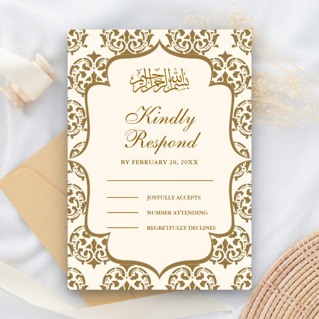 Cream and Gold Damask Islamic Muslim Wedding RSVP Card (Creator Uploaded)