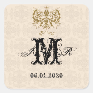 Cream and Gold Damask Monogram Sticker