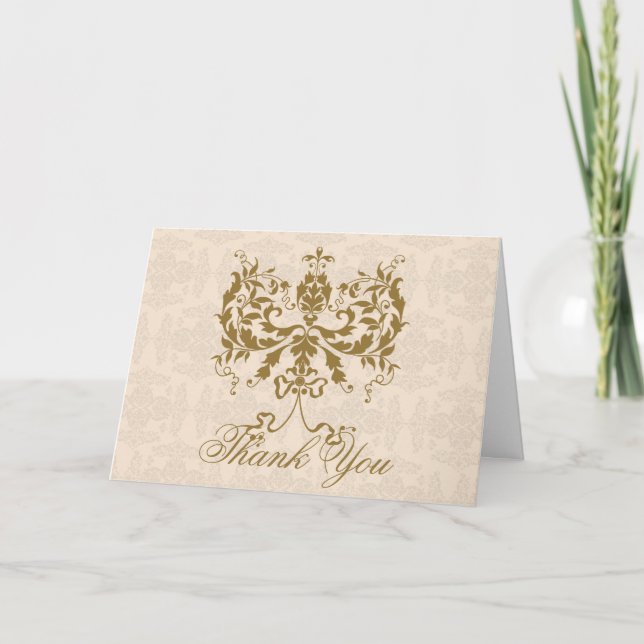 Cream and Gold Damask Thank You card (Front)