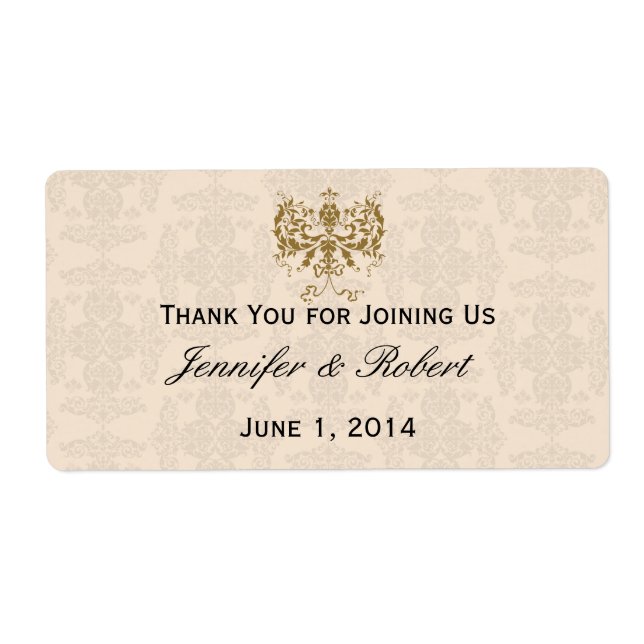 Cream and Gold Damask Water Bottle Label (Front)