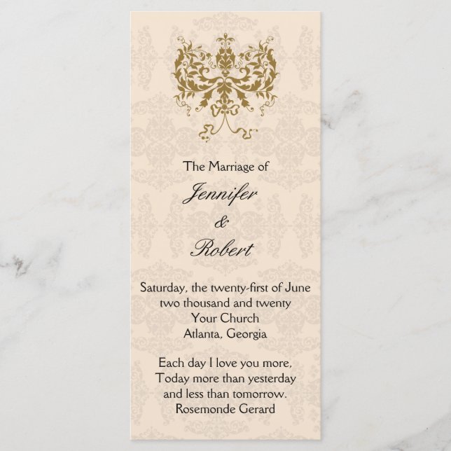Cream and Gold Damask Wedding Program Programme (Front)