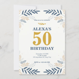 Cream and Gold Floral 50th Birthday Party Invitation