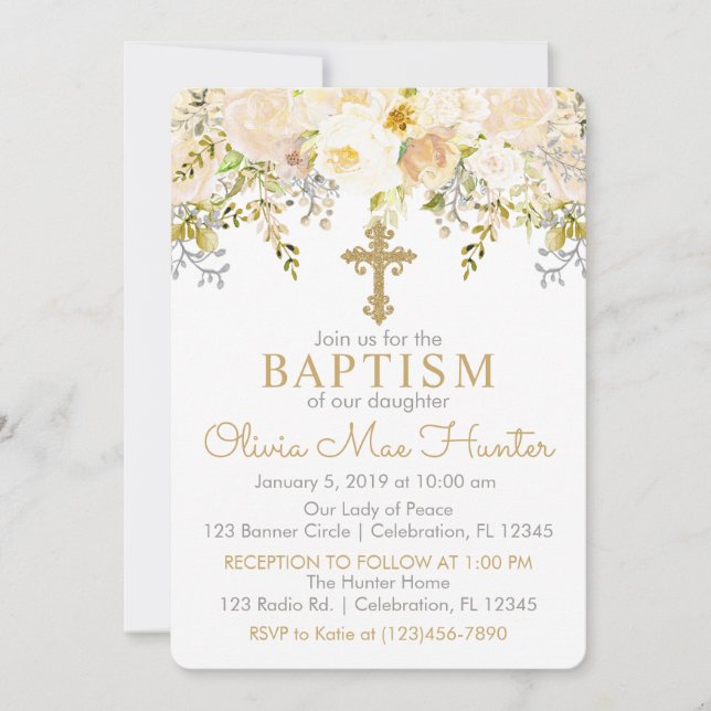 Cream and Gold Floral Garden Baptism Invitation (Front)