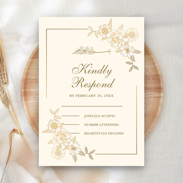 Cream and Gold Floral Leaves Branch Muslim Wedding RSVP Card (Creator Uploaded)