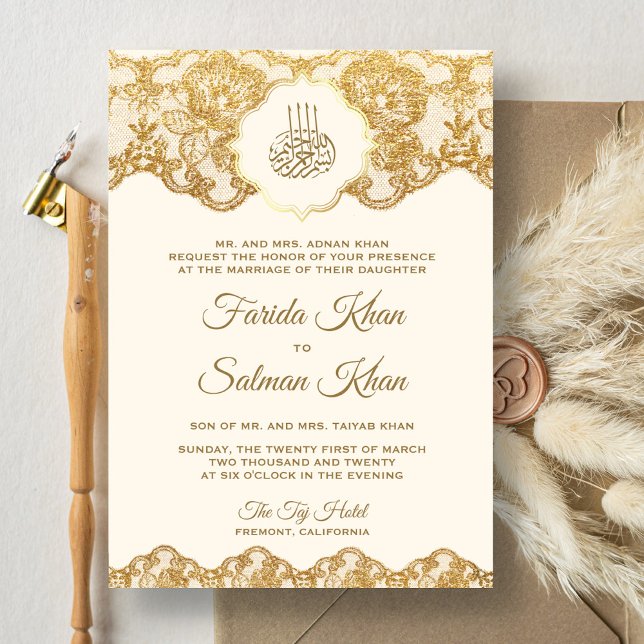 Cream and Gold Foil Lace Islamic Muslim Wedding Invitation (Creator Uploaded)