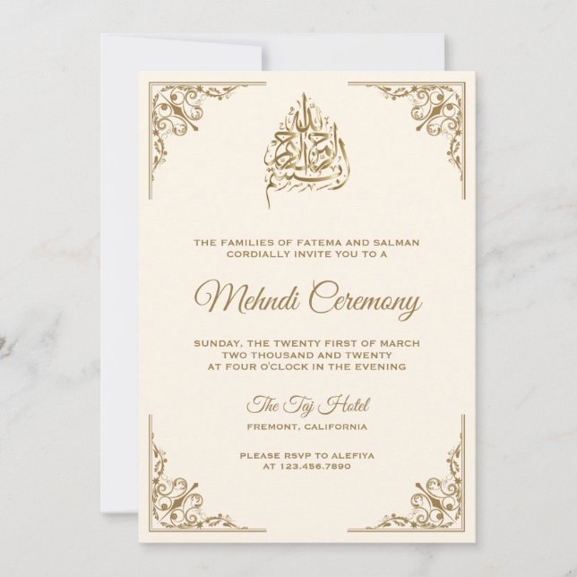 Cream and Gold Islamic Muslim Mehndi Ceremony Invitation (Front)