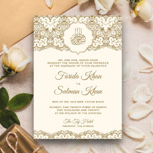 Cream and Gold Lace Islamic Muslim Wedding Invitation