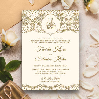 Cream and Gold Lace Islamic Muslim Wedding Invitation