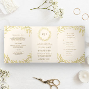 Cream and Gold Leaf Branch All in One Wedding Tri-Fold Invitation