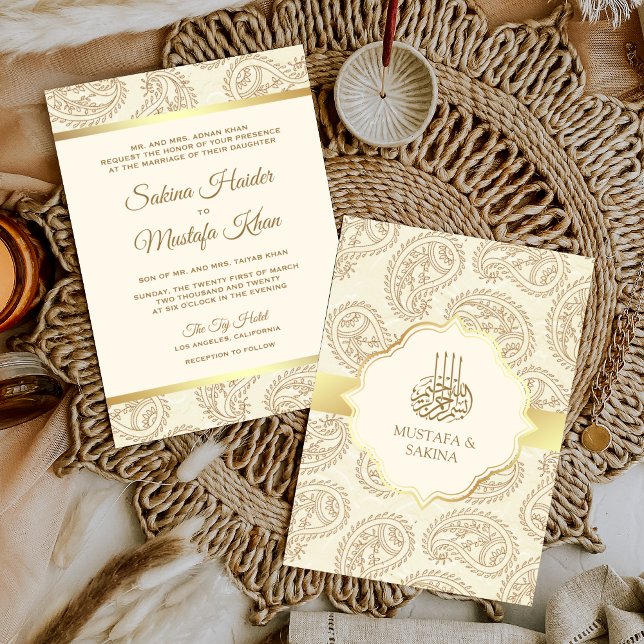 Cream and Gold Paisley Islamic Muslim Wedding Invitation (Creator Uploaded)