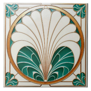 Cream and Green Art Deco Ceramic Tile. Tile