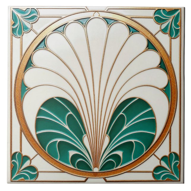 Cream and Green Art Deco Ceramic Tile. Tile (Front)