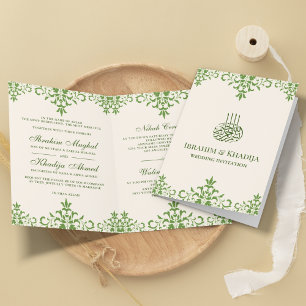 Cream and Green Damask Islamic Muslim Wedding Invitation