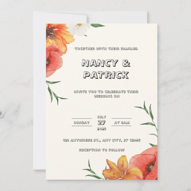 Cream and Green Floral Wedding Invitation (Front)