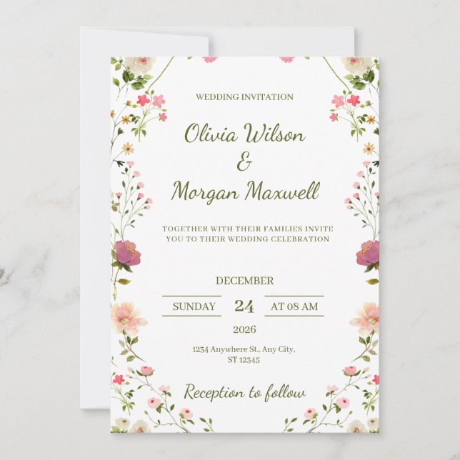 Cream and Green Floral Wedding Invitation (Front)