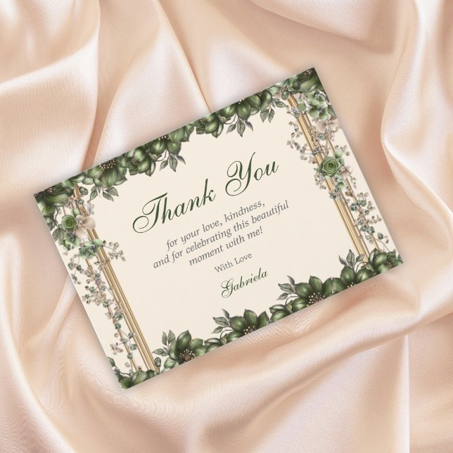 Cream and Green Golden Tiara Floral Quinceañera Thank You Card (Creator Uploaded)