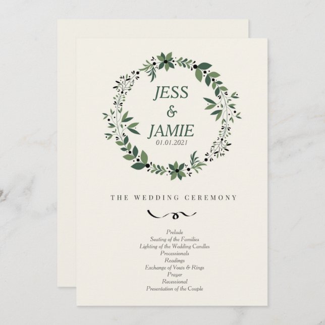 Cream and Green Wedding Program Invitation (Front/Back)