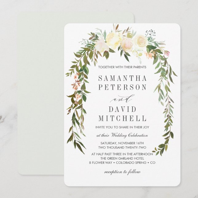 Cream and Grey | Botanical Garland Floral Wedding Invitation (Front/Back)