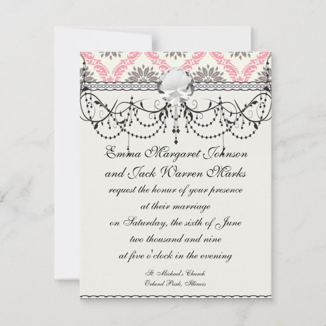 cream and grey tan damask bliss invitation (Front)