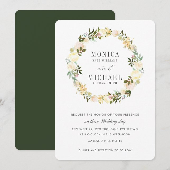 Cream and Hunter | Botanical Floral Wreath Wedding Invitation (Front/Back)
